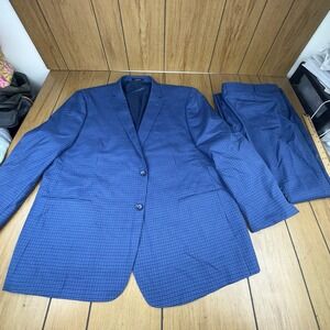 Mantoni Suit Mens 52 Blue Checkered  Double Vented Jacket Pants 46x30 100 % Wool
